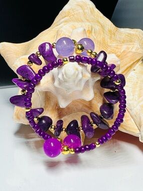 Purple Stones  Adjustable Bracelet Set - Gold Accent
